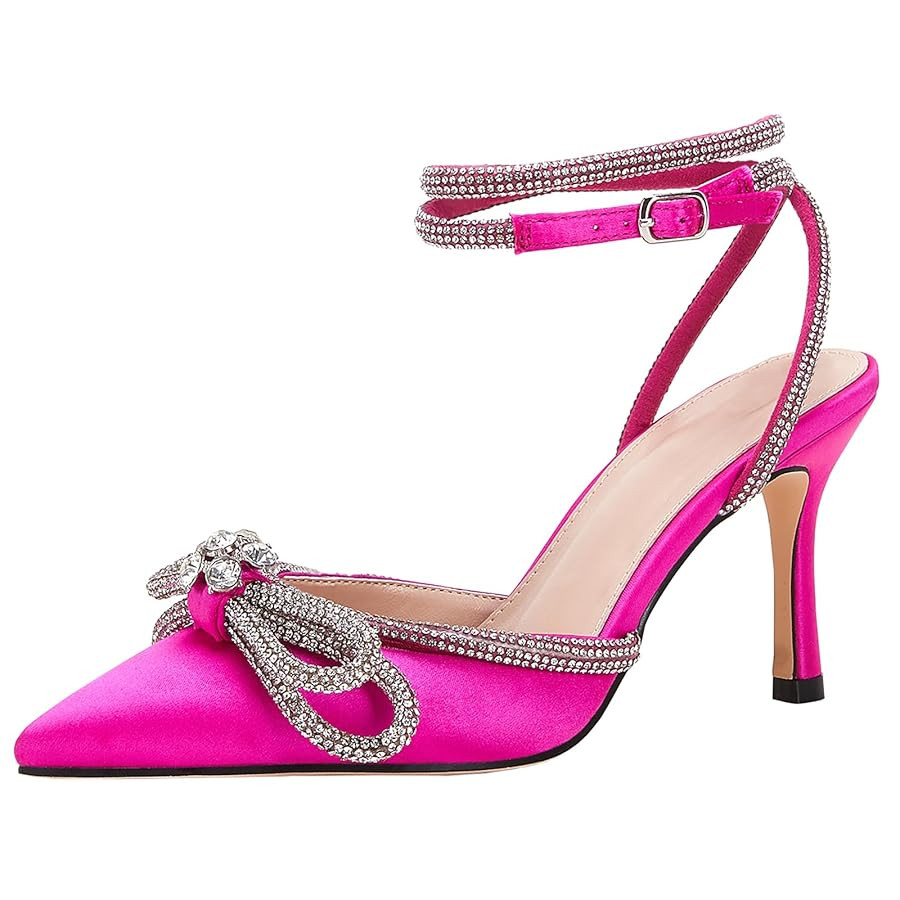 VETASTE Women's Double Bow Pointed Toe Ankle Strap Crystal Pumps Wedding Bridal Party Stilettos B... | Amazon (US)