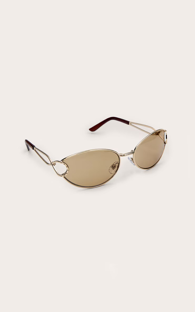 Gold Oval Arm Detail Sunglasses | PrettyLittleThing US