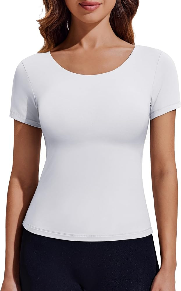PINSPARK Workout Tops for Women Double Lined Crew Neck Athletic T-Shirts Short Sleeve Tight Basic... | Amazon (US)