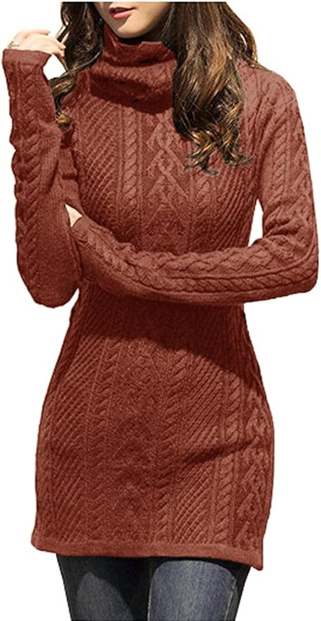 v28 Women Polo Neck Long Slim Fitted Dress Bodycon Turtleneck Cable Knit Sweater | Amazon (US)