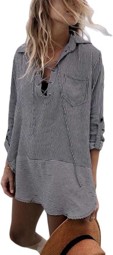 Bsubseach Black Striped Beach Cover Up Dress Women Turn Down Collar Bikini Swimwear Bathing Suit ... | Amazon (US)