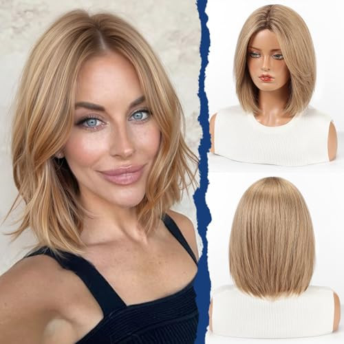 starluck Human Hair Wigs for Women, Curtain Bangs Ligth Brown Bob Wig Real Human Hair with SilkHug Cap, 12 Inch Graduated Straight, Soft, Natural Look for Daily & Wear Parties, 12 Inch | Amazon (US)