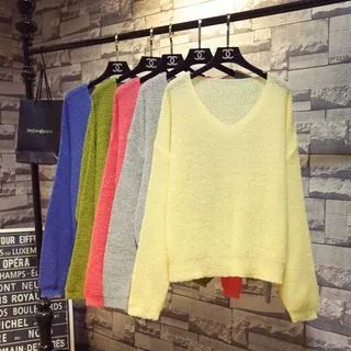 V-Neck Plain Crochet Sweater | YesStyle Global