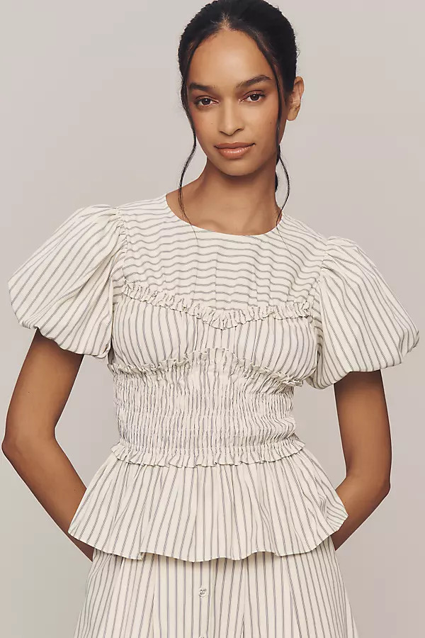 En Saison Azra Puff-Sleeve Peplum Top | Anthropologie (US)