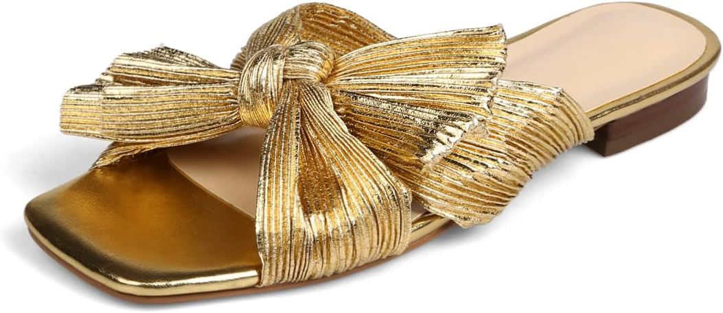 Women's Bow Flat Sandals Open Toe Summer Comfort Slip on Slide Sandals Bridal Wedding Dress Shoes | Amazon (US)