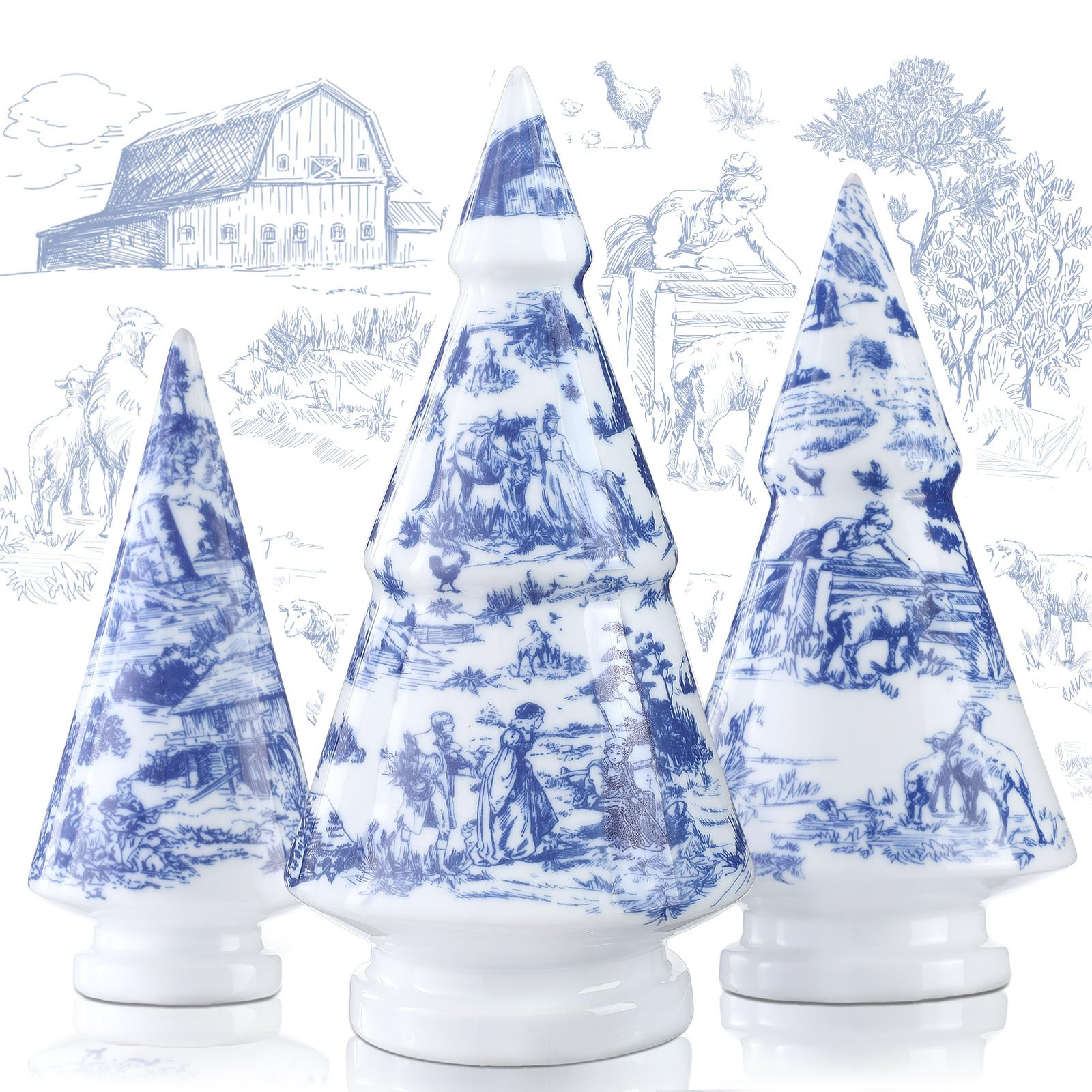 Soaoo 3 Pcs French Country Style Christmas Tree Ceramic Figurine Blue and White Christmas Tree De... | Amazon (US)
