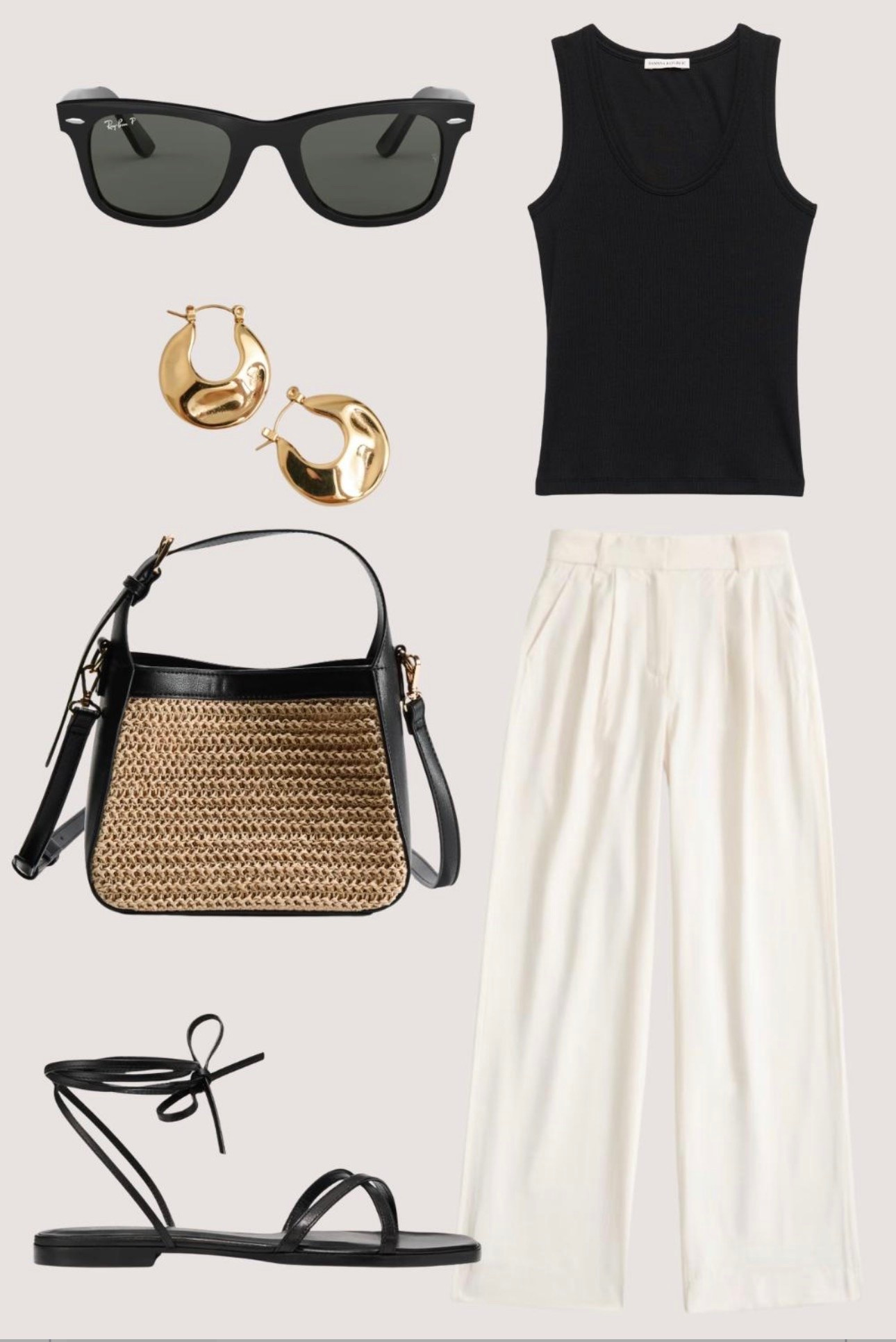 A black sleeveless top or short sleeve and white trousers create a timeless contrast that feels effortless. The woven handbag adds texture and warmth, while the gold jewelry and minimalist black sandals elevate this look. Perect outfit for early fall when temps start to drop.

#LTKOver40 #LTKMidsize #LTKootd