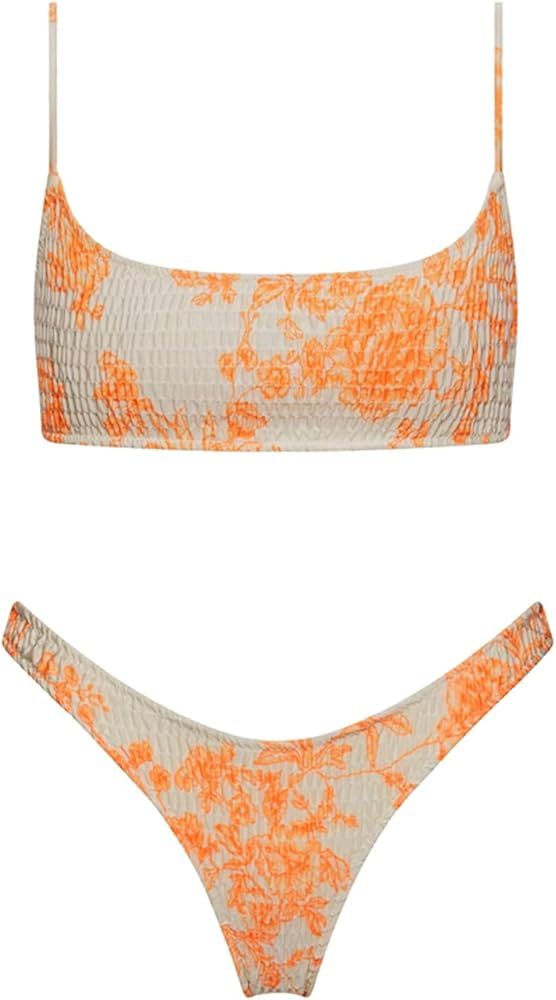 VOLAFA Women's Triangle Bikini Smocked Textured Scoop Frilled Print Ruched Elastic Swimsuit Two P... | Amazon (US)