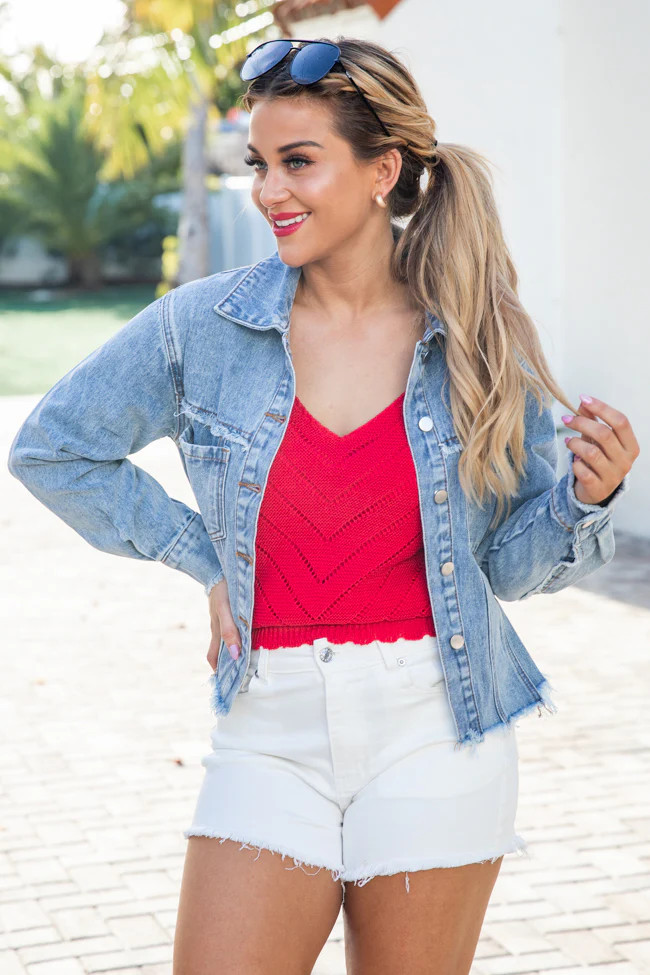 Freedom Rings Medium Wash Flag Print Denim Jacket | Pink Lily