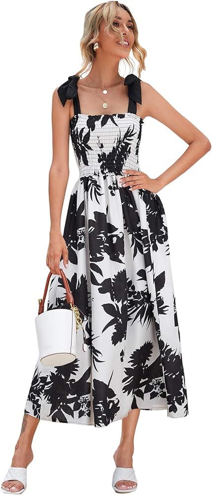 Floerns Women's Summer Boho Floral Print Tie Strap A Line Long Maxi Dress | Amazon (US)