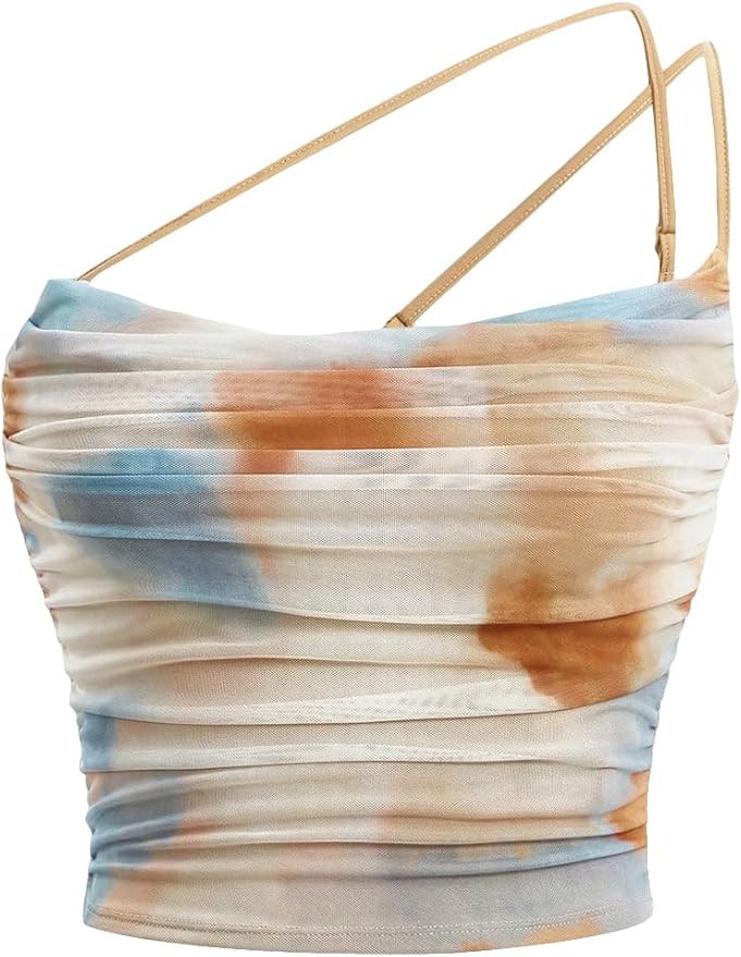 Floerns Women's Tie Dye Spaghetti Strap Cut Out One Shoulder Ruched Crop Cami Top | Amazon (US)