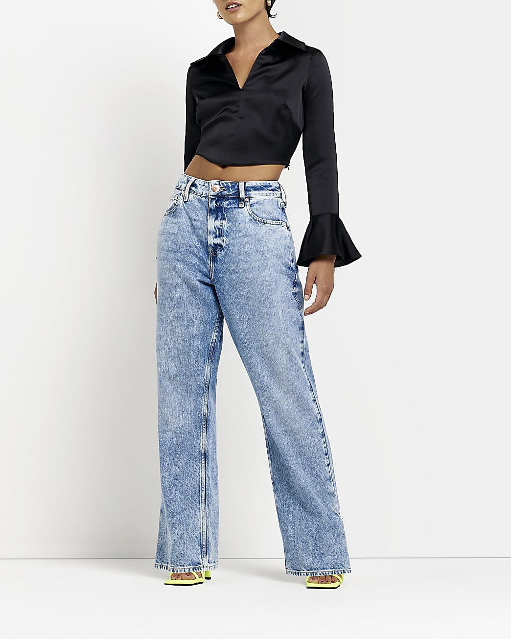 River Island Womens Petite Black Satin Long Sleeve Corset Top | River Island (US)