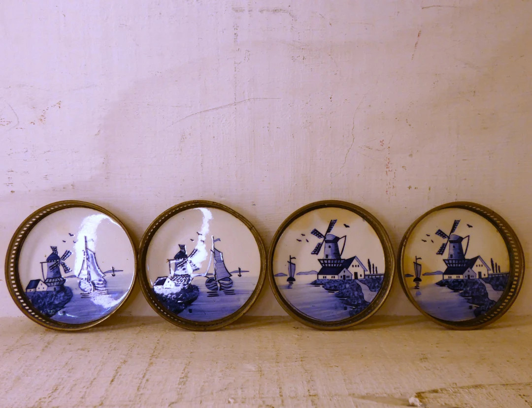 Vintage Delft Germany Hand Painted Porcelain and Silver Coaster Set - Etsy | Etsy (US)