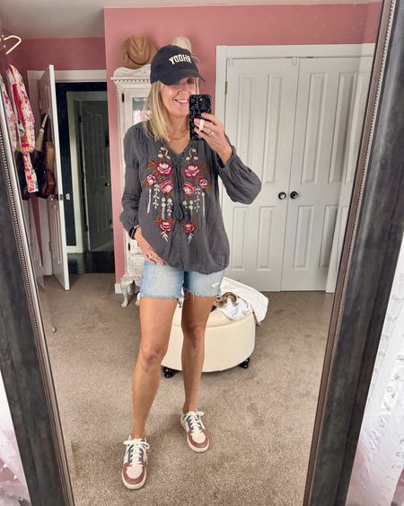 Everyday casual summer outfit. Embroidered top. Denim shorts. #styleinspo #summeroutfit 

#LTKFindsUnder100 #LTKOver40 #LTKSeasonal