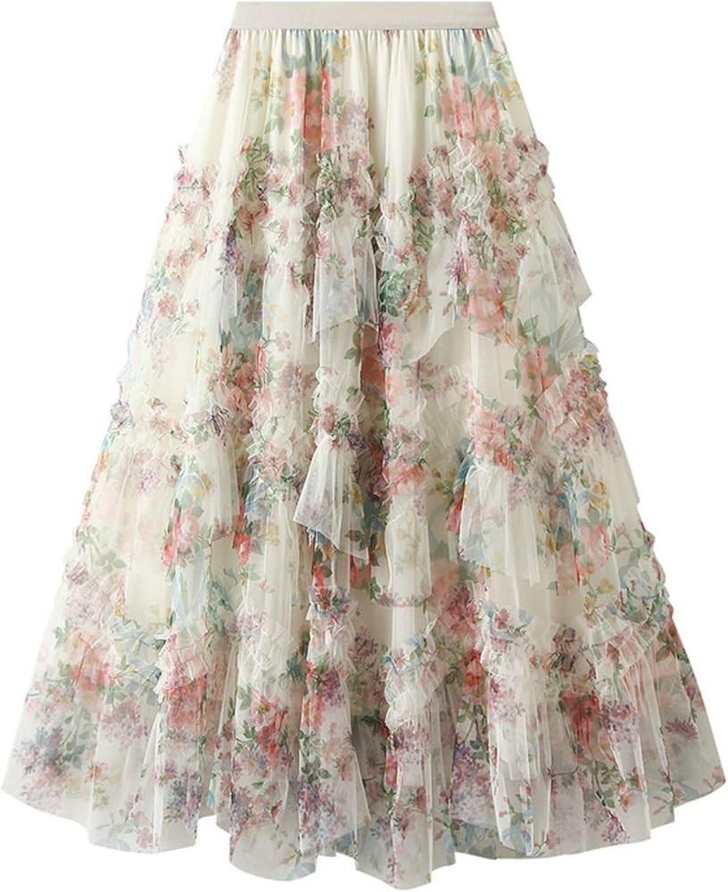 Womens Floral Tulle Skirts Layered Flowy Fairy Midi Skirt High Waist Tutu A-line Skirts Fashion R... | Amazon (US)