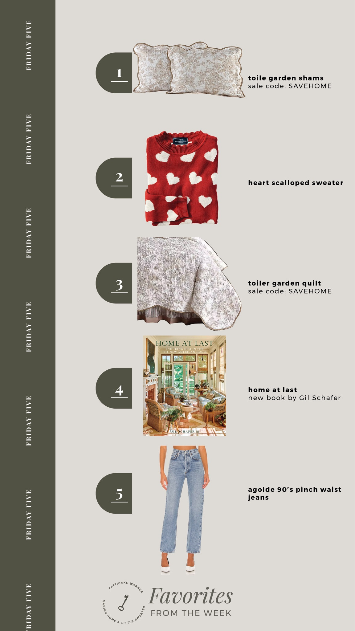 Friday Five: Favorites from the week. *toile garden shams + quilt, valentine’s red heart scalloped sweater, home design book, agolde 90’s pinch waist jeans 

#LTKhome #LTKstyletip
