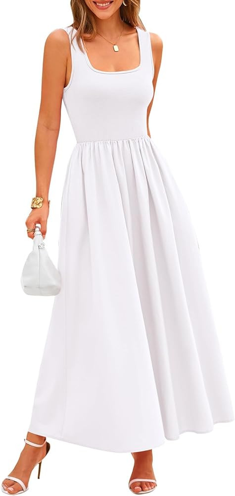 Women's 2024 Summer Maxi Dress Casual Sleeveless Square Neck Flowy Long Beach Elegant Tank Sundre... | Amazon (US)