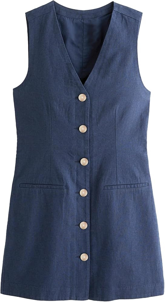 Womens Cotton Linen Vest Mini Dress Casual Button Down Sleeveless V Neck Short Tops with Pockets | Amazon (US)