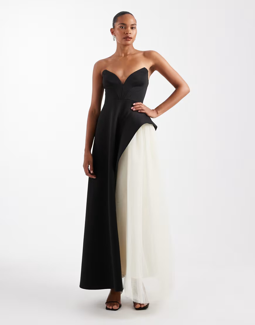 ASOS DESIGN premium maxi dress with tulle skirt in black in scuba-style fabric | ASOS (Global)