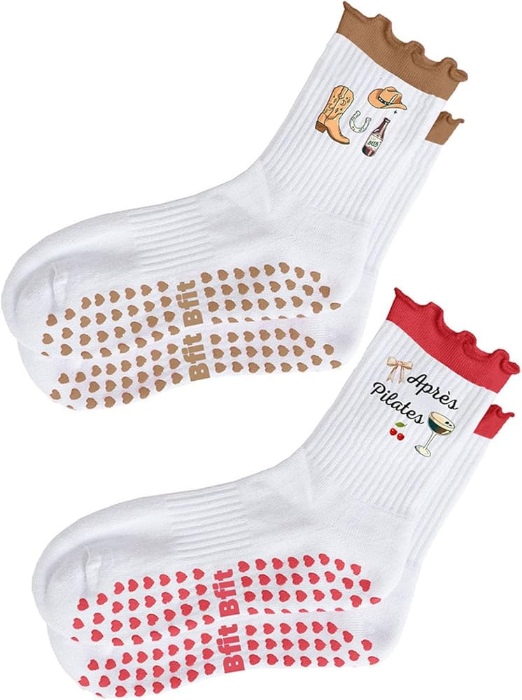 Women's Cute Grip Pilates Socks Non-Slip Yoga Ballet Socks with Ruffle Cuff & Embroidery | Amazon (US)