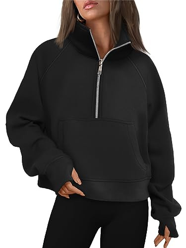 AUTOMET Womens Sweatshirts Half Zip Cropped Pullover Fleece Quarter Zipper Hoodies 2024 Fall Fashion Outfits Clothes Black Medium | Amazon (US)