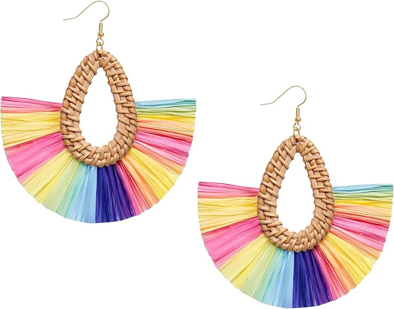 Statement Raffia Tassel Earrings Boho Summer Beach Earrings Lightweight Straw Wicker Dangle Drop ... | Amazon (US)