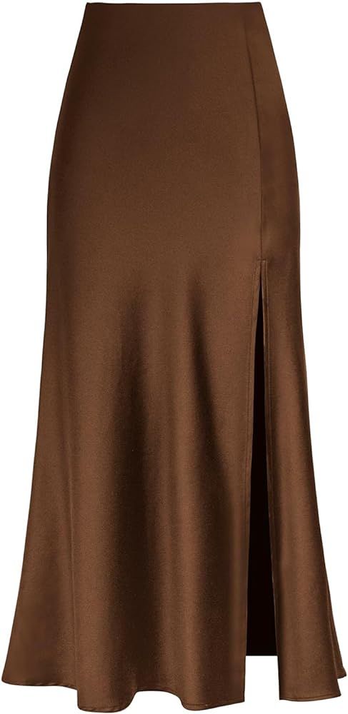 Women's Satin High Waisted Side Split Maxi Skirt Elastic Waistband Zipper Long Skirts | Amazon (US)