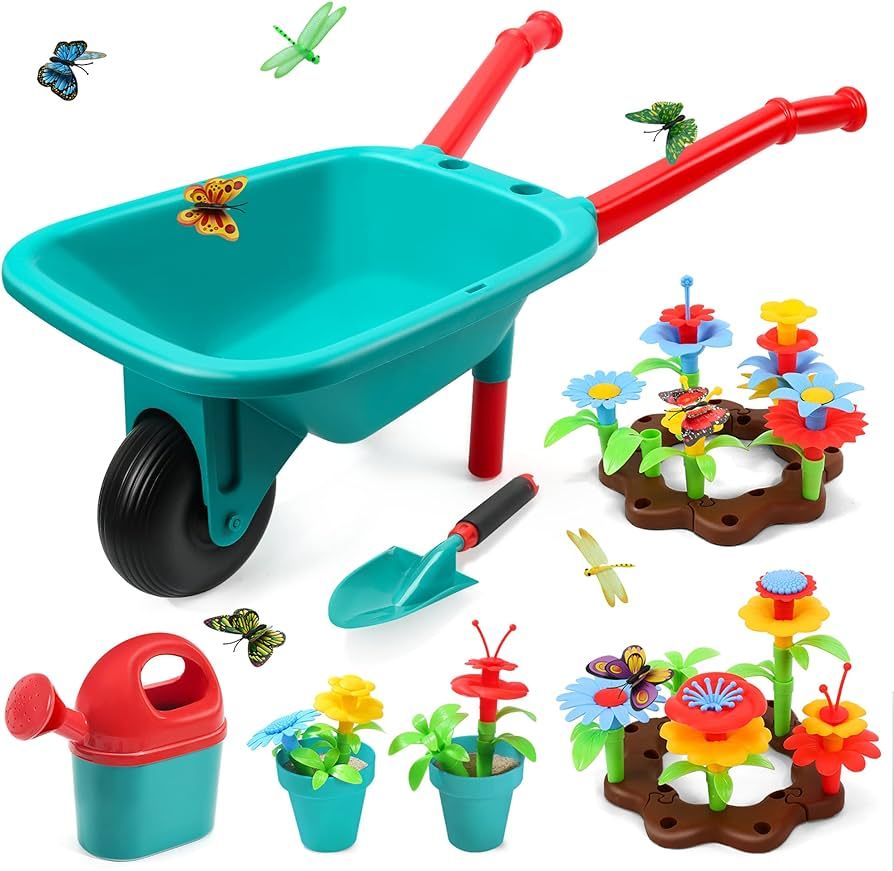 CUTE STONE Kids Gardening Tool Set, Garden Toys with Wheelbarrow, Watering Can, Shovel, Flower Ga... | Amazon (US)