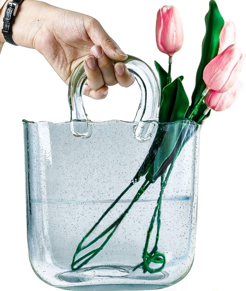 OLEEK Purse vase for Flowers (Handmade) Blue Glass Bag vase -10 Inches- Clear vase for centerpiec... | Amazon (US)
