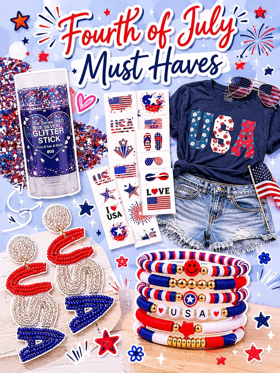 🎆 Fourth of July must-haves are HERE! 🇺🇸

From the cutest USA tee to festive earrings, bracelets, glitter, and temporary tattoos — these are the fun little extras that make your holiday outfit complete! ❤️🤍💙

Perfect for parades, backyard BBQs, fireworks, and all the patriotic summer fun. ✨

#LTKSeasonal #LTKmomlife #LTKselfcare