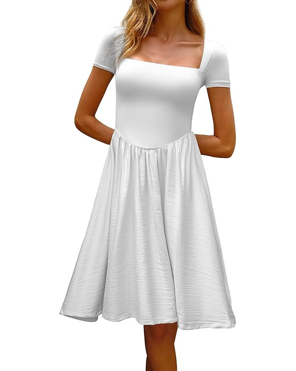 CHYRII Women Fashion Summer 2025 Square Neck Short Sleeve A-Line Wedding Guest Cocktail Midi Dres... | Amazon (US)