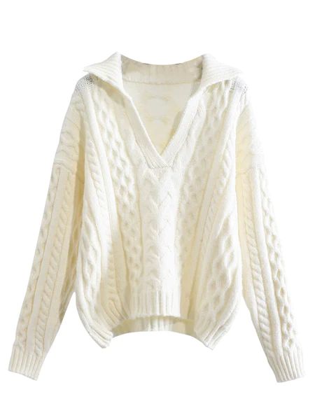 'Belinda' V-neck Polo Cable Knit Sweater (4 Colors) | Goodnight Macaroon