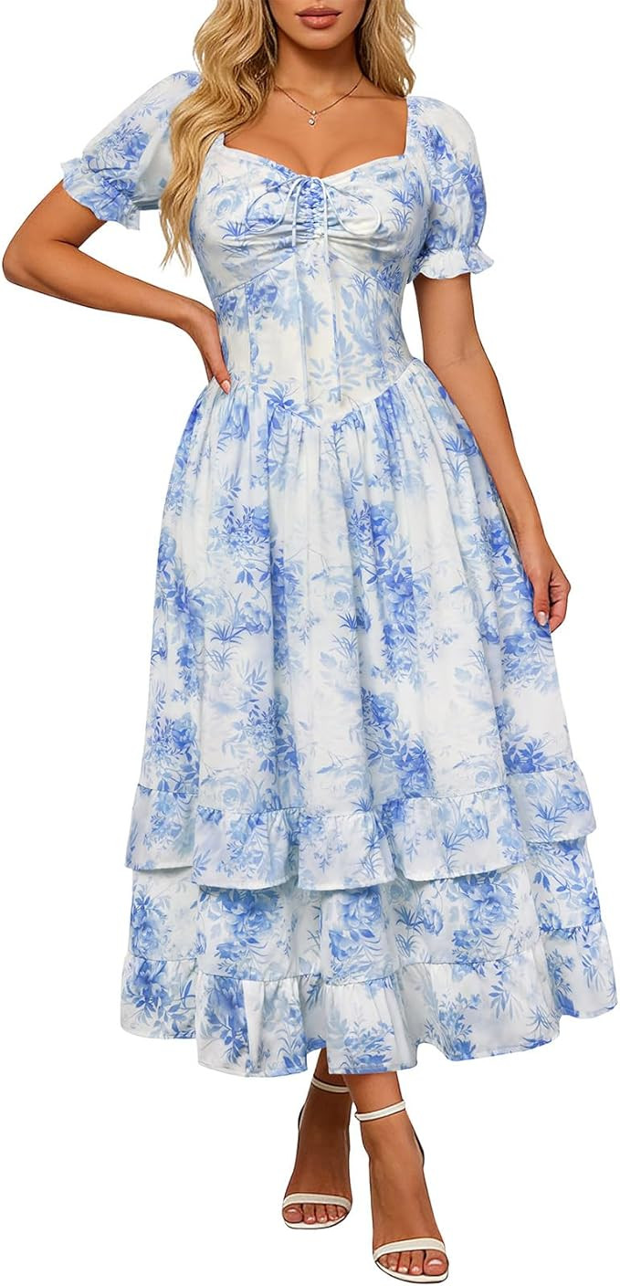 Scarlet Darkness Women Floral Cottagecore Dress Puff Sleeve Maxi Ruffled Corset Dress | Amazon (US)