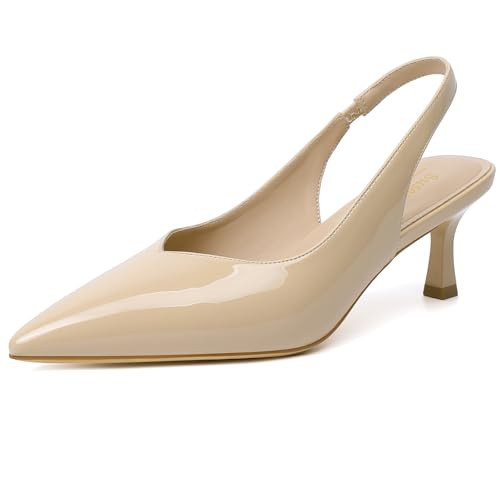 Susanny Nude Kitten Heels for Women Closed Toe Heels Pointed Pumps Sexy Slingback Low Heeled Elastic Strap Comfort for Wedding Work Party Evening Prom Formal Dressy Shoes 9 | Amazon (US)