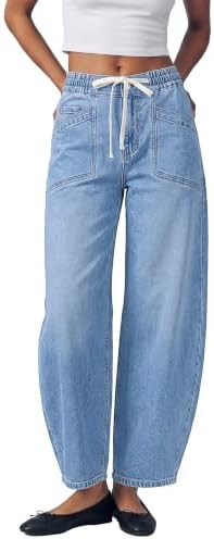 GRAPENT Barrel Jeans for Women High Waisted Elastic Waist Baggy Denim Pants | Amazon (US)