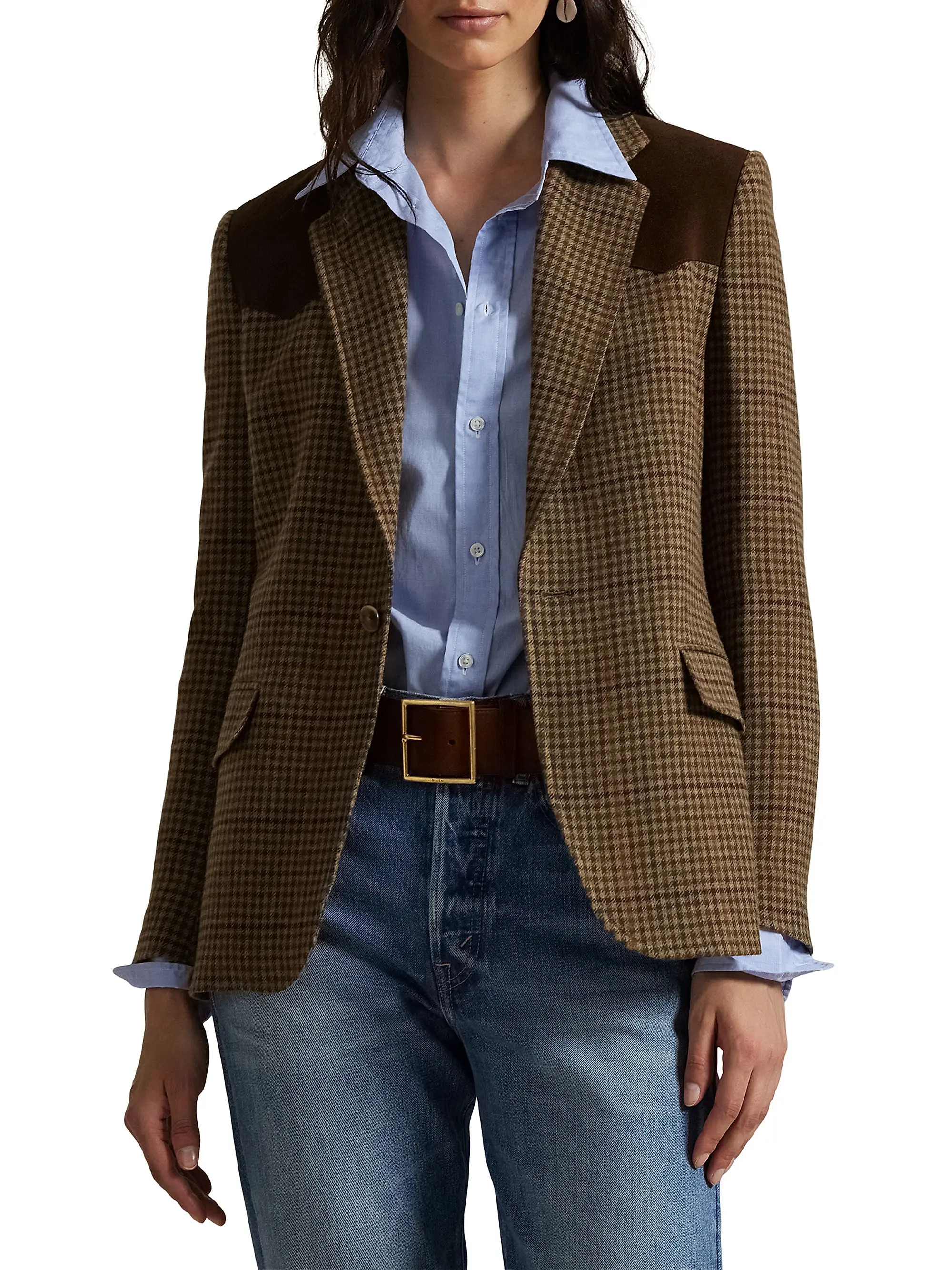 Suede-Trimmed Houndstooth Wool Blazer | Saks Fifth Avenue