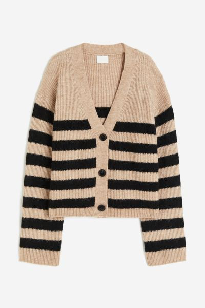 Oversized Rib-knit Cardigan - Beige/striped - Ladies | H&M US | H&M (US + CA)