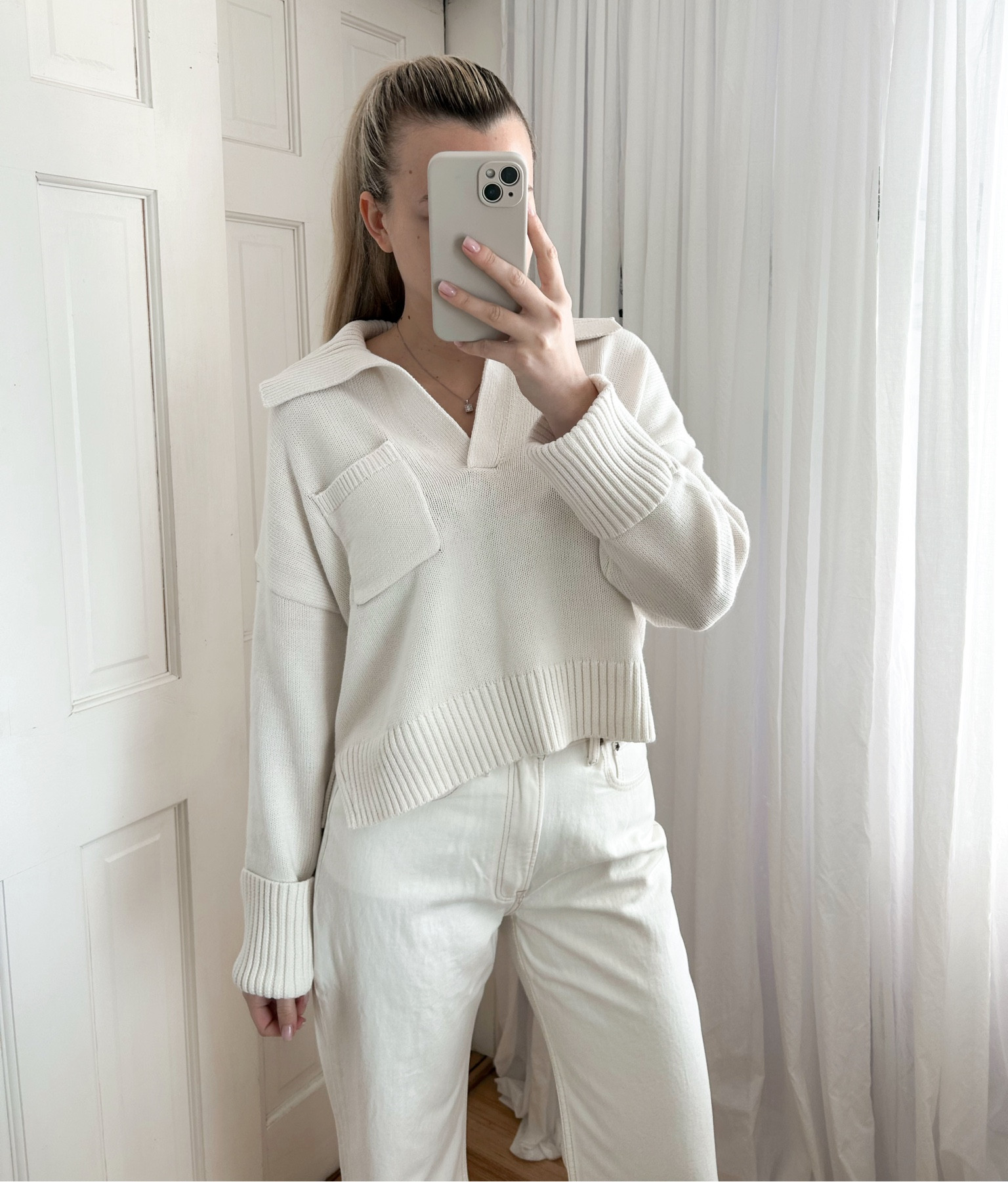 Cozy ootd, wearing size small in the sweater & 26 x-short in jeans🤍☕️ white jeans, office outfit, jeans

#LTKworkwear #LTKSpringSale #LTKfindsunder50