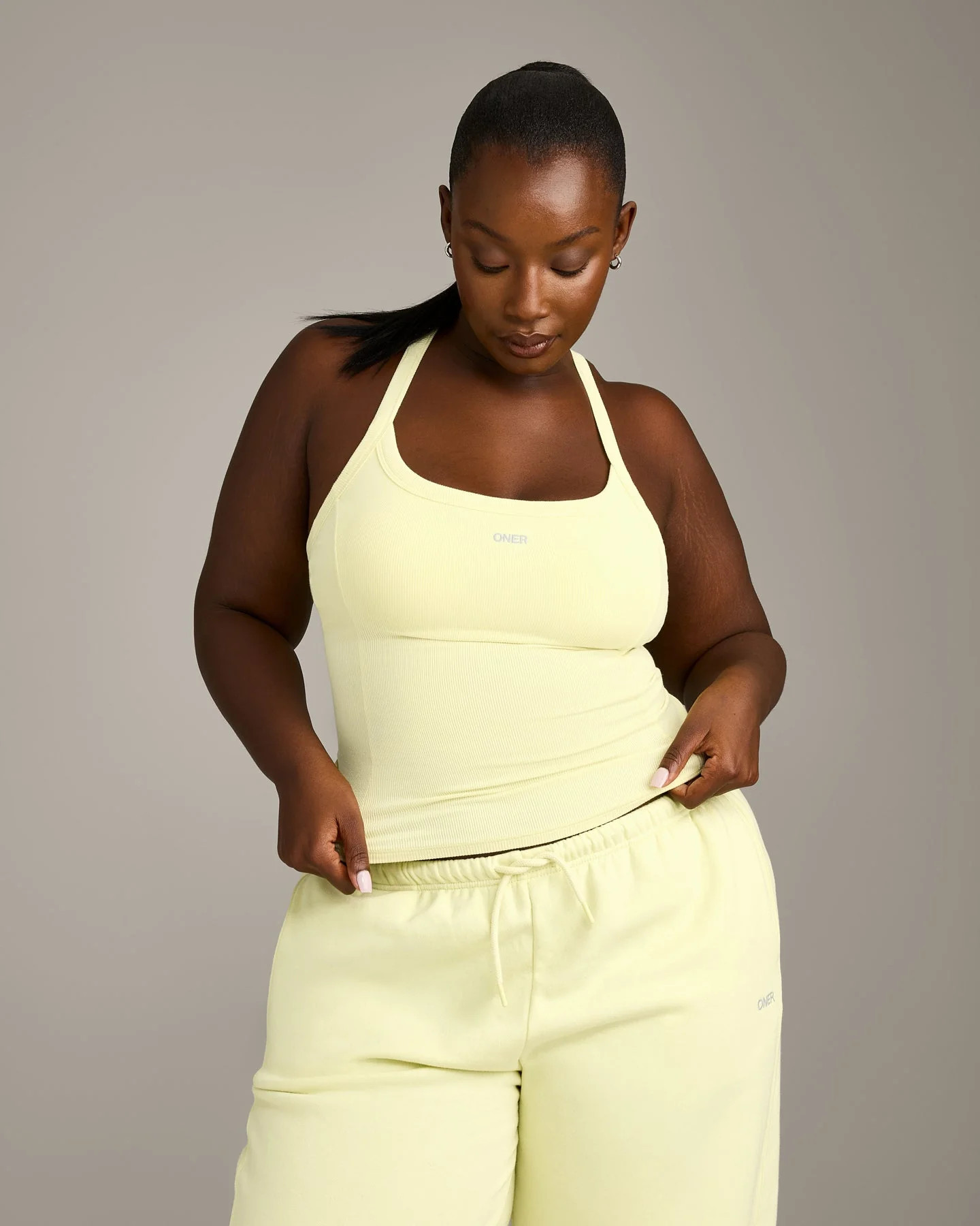 Mellow™ Rib Racer Back Tank Top with Built in Bra Shelf 
 Pastel Yellow | Oner Active (UK / US)