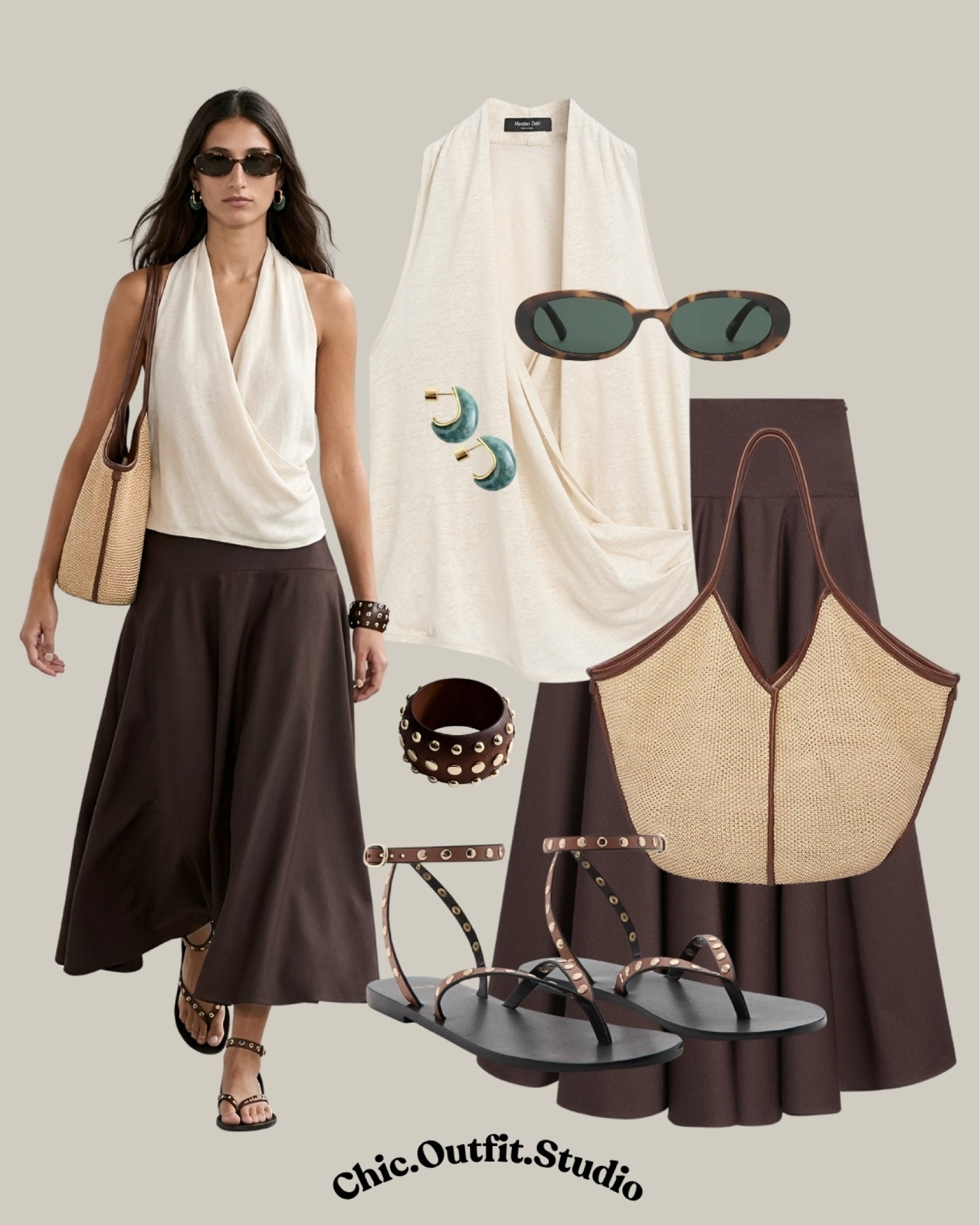 Espresso & Cream Coastal Chic

✨This espresso brown and cream summer look is the definition of effortless quiet luxury. The draped halter top paired with a flowing chocolate maxi skirt creates an elevated silhouette that works beautifully for summer dinners, vacation strolls, rooftop cocktails, or chic city days. Styled with woven accessories, minimalist sandals, and oversized sunglasses for that polished European summer aesthetic everyone is searching for right now.

✨Tags: brown maxi skirt outfit, cream halter top outfit, quiet luxury summer outfit, elegant summer style women, European chic outfit, resort wear women, vacation dinner outfit, neutral summer outfit ideas, elevated casual outfit, woven bag outfit, minimalist summer fashion, classy vac

#LTKsummer #LTKshoes #LTKbag