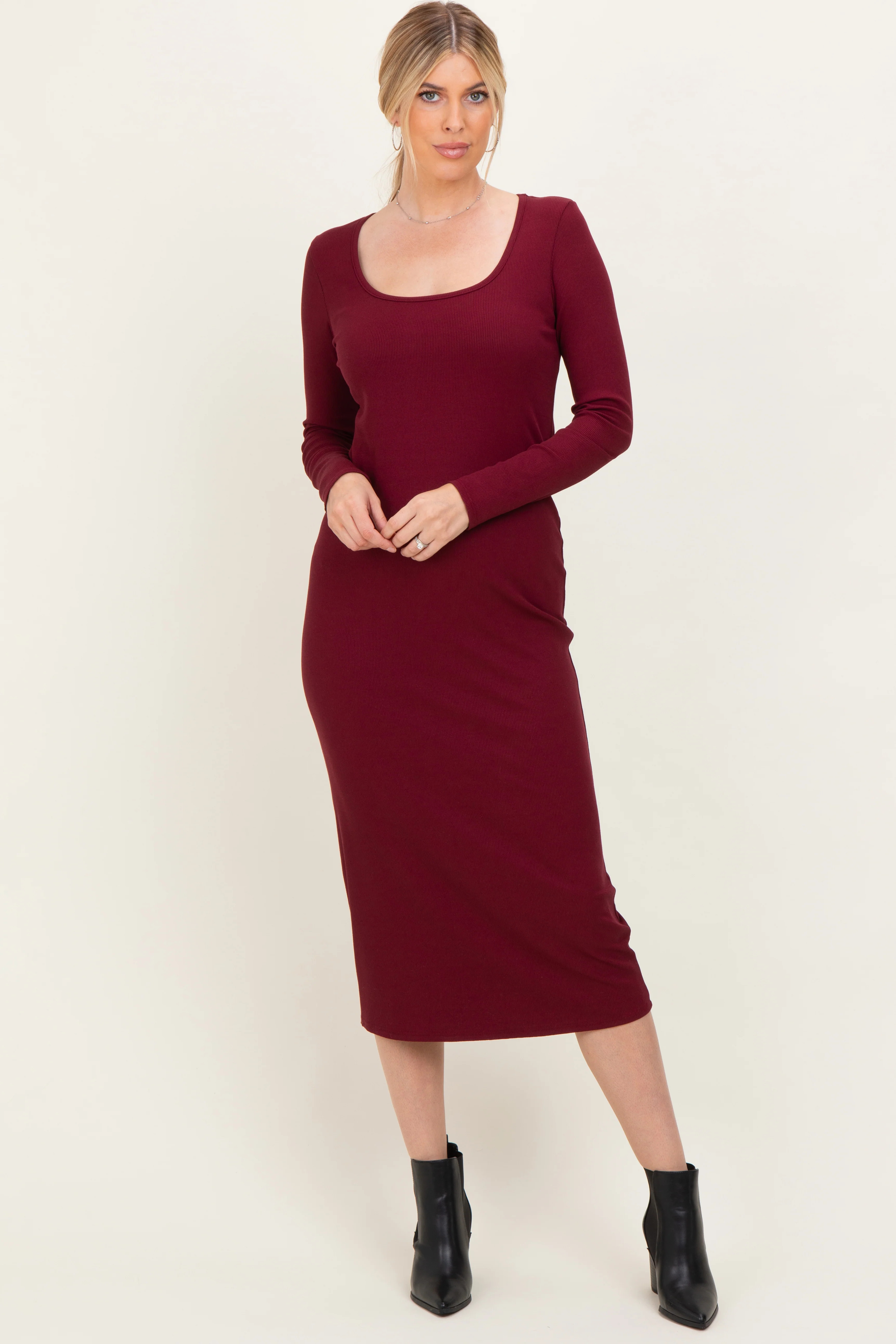 Burgundy Scoop Neck Long Sleeve Midi Dress | PinkBlush Maternity