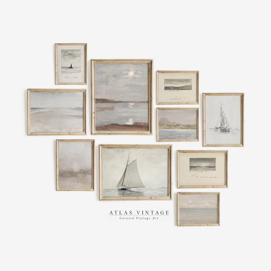 Vintage Coastal Gallery Wall Art Set - Printable Seaside Sailboat Decor in Neutral Tones | Coasta... | Etsy (US)