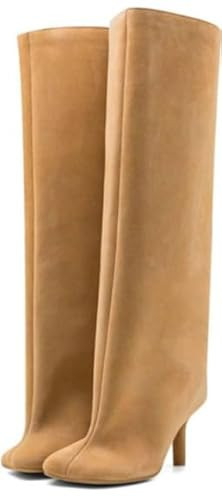 DOBOYG Suede Knee High Boots for Women, Square Toe Nude Boots for Women Pull On Kitten Heel Boots Womens Tall Boots Wide Calf Stiletto Long Boots-US 8.5 | Amazon (US)