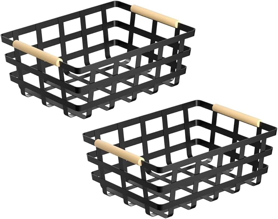 Farmhouse Baskets Pantry Storage Baskets, Metal Wire Food Organizer Storage Bin Basket Wood Handl... | Amazon (US)
