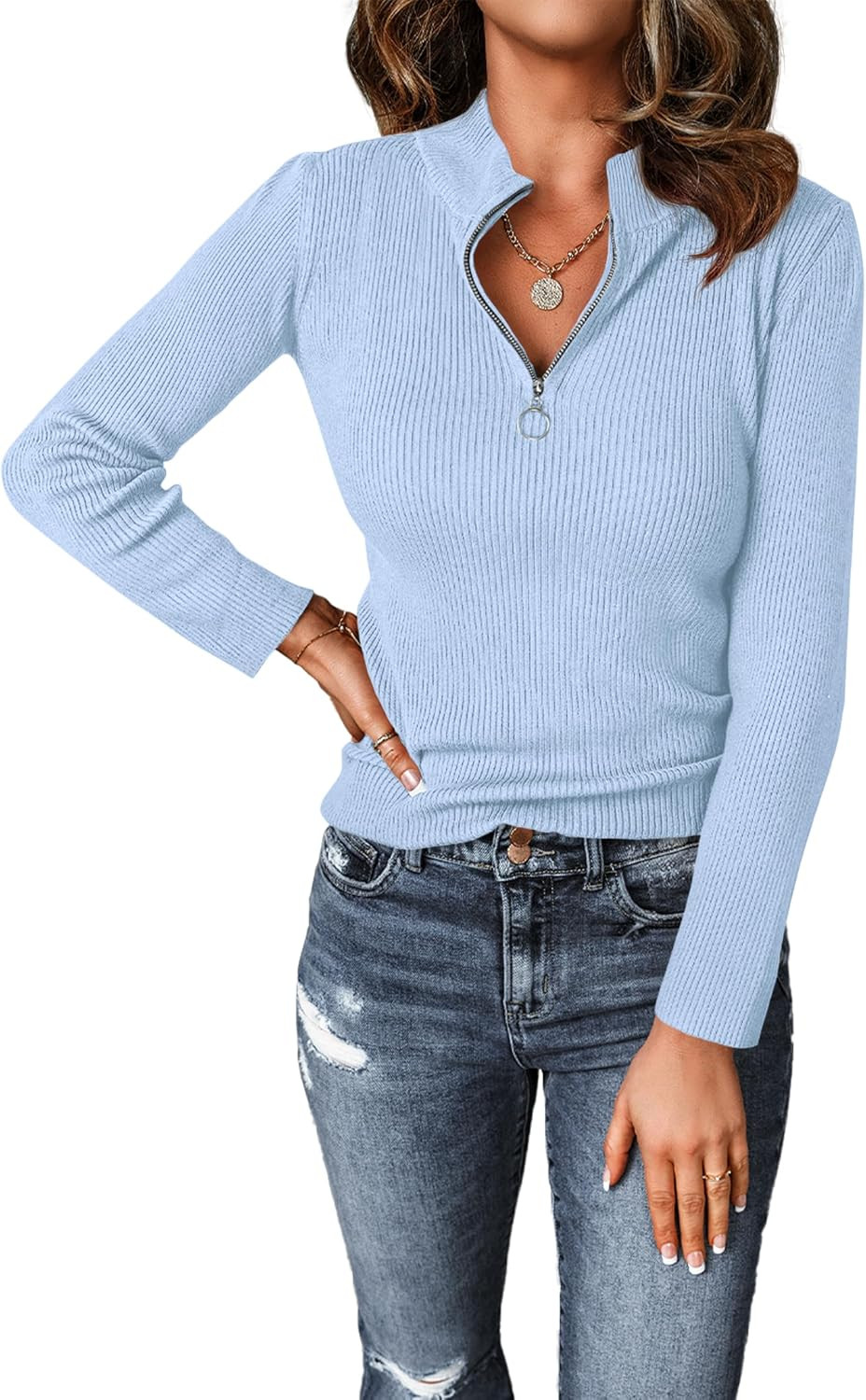 PRETTYGARDEN Womens Quarter Zip Mock Neck Rib Fitted Sweaters | Amazon (US)