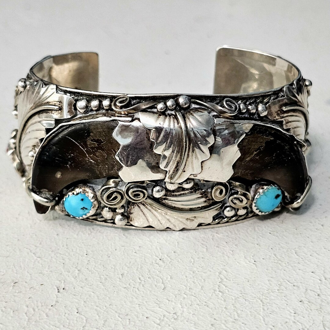 ON HOLD. Bearclaw Turquoise & Coral Wide Silver Vintage Cuff Sterling Old Pawn fits 7" wrist  JB ... | Etsy (US)