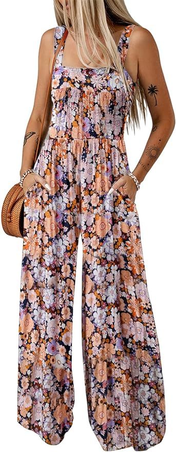 Happy Sailed Womens Overalls Casual Floral Print Summer Sleeveless Jumpsuit Wide Leg Long Pants R... | Amazon (US)