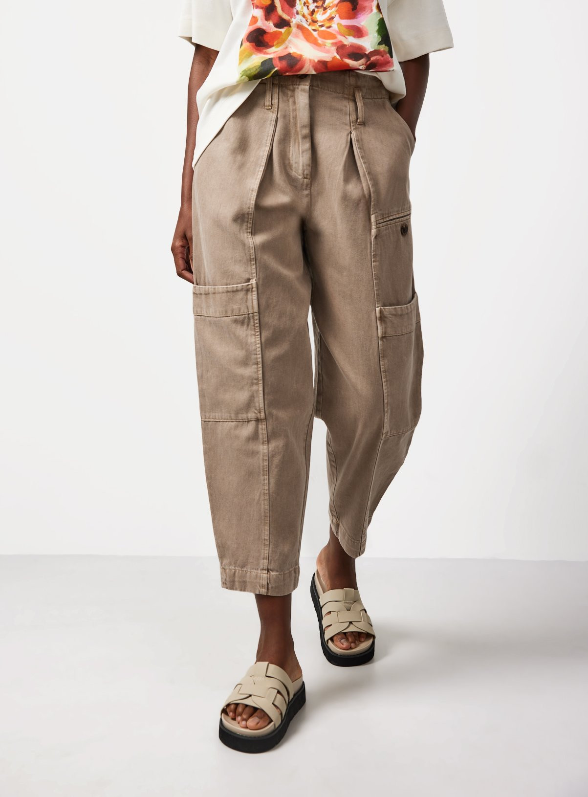 Stone Twill Barrel Leg Cargo Trousers | Tu Clothing
