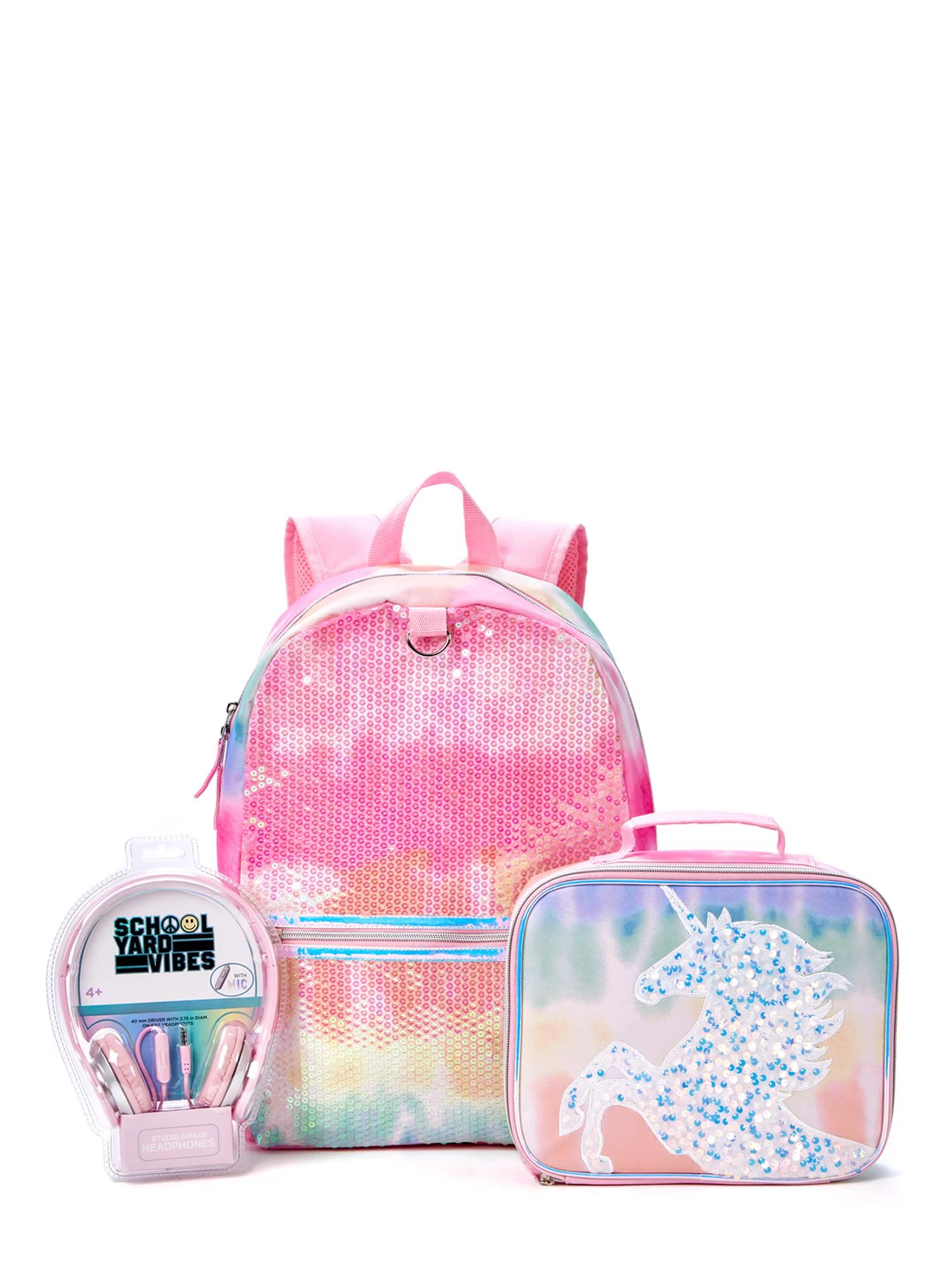 Schoolyard Vibes Backpack 3-Piece Set with Lunch Bag & Headphone Set Pink Rainbow Ombre Glitter U... | Walmart (US)