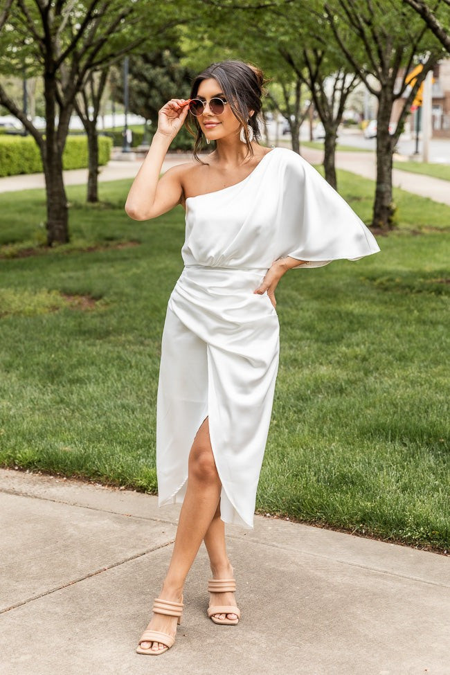 Darling Muse Ivory Satin One Shoulder Midi Dress | Pink Lily